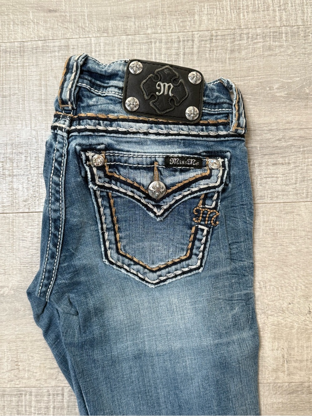 Miss Me Blue Embroidered Pocket Denim Jeans with Silver Accents